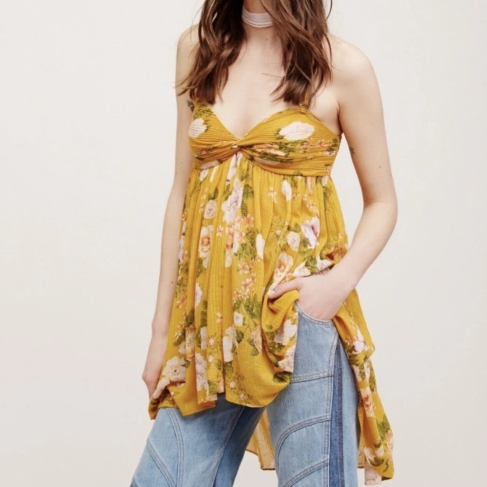 Free People Mustard Floral Boho Tunic Top High Low Babydoll Halter Festival M